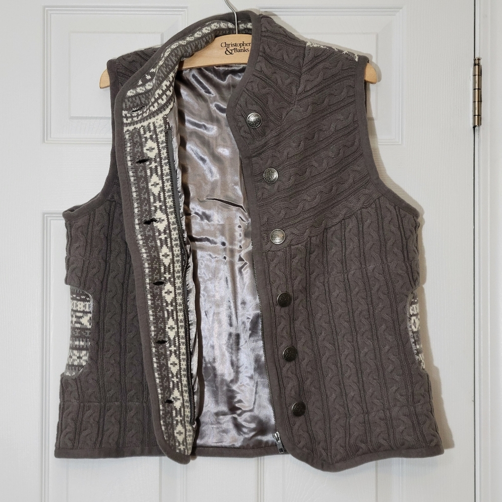 Bob Timberlake Womens Sz Large Cable Knit Insulated Sweater Vest Grey Zip